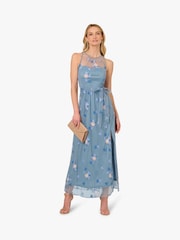 Adrianna Papell Blue Halter Embroider Maxi - Image 3 of 6