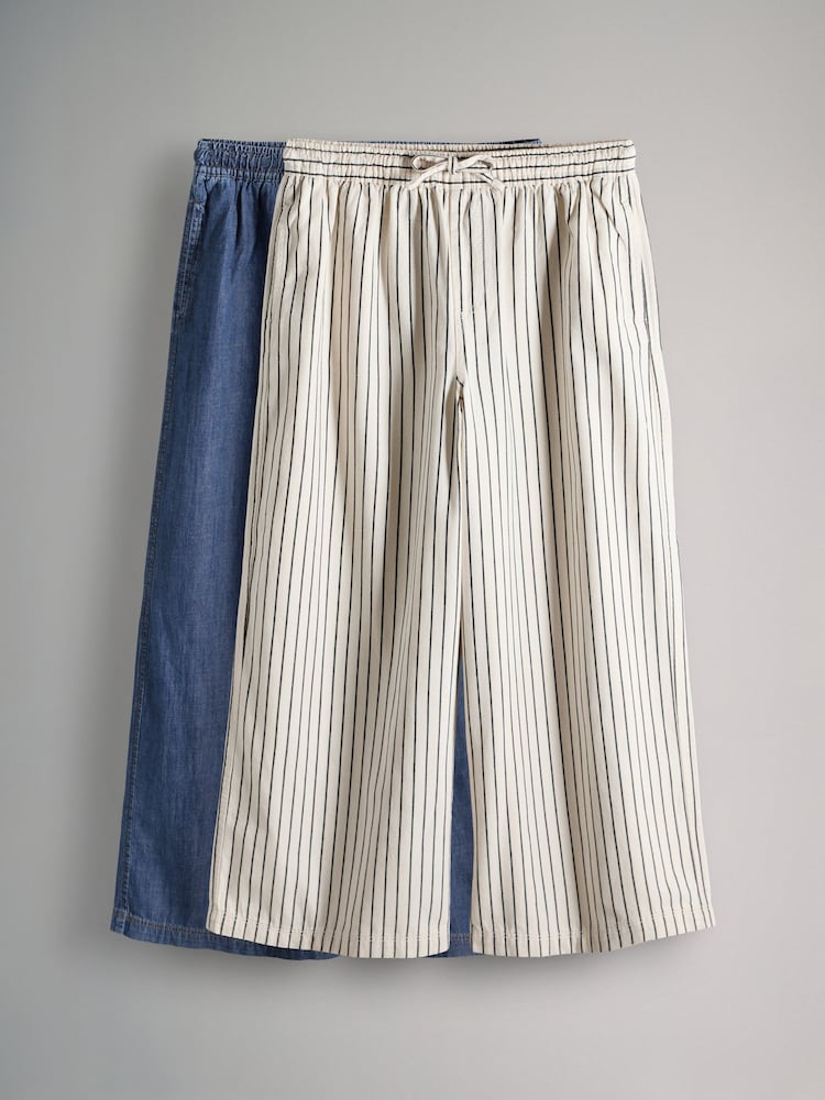 The Set Mid Blue/Ecru Stripe 2 Pack Pull On Wide Leg Fluid Jeans - Image 1 of 5