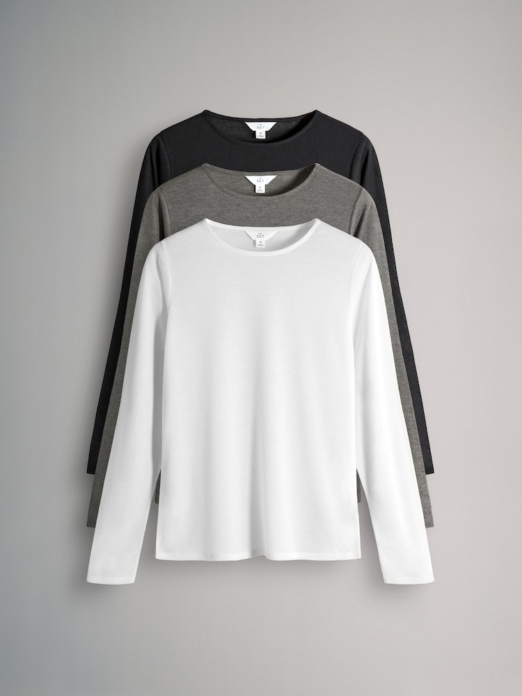 The Set Black/Grey/White 3 Pack Sheer Long Sleeve T-Shirts - Image 2 of 12