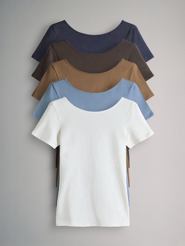 Azul-marinho/Marrom chocolate/Marrom/Azul claro/cream - O conjunto 5 Pack de camisetas de manga curta ajustadas com decote redondo - Imagem 1 de 8