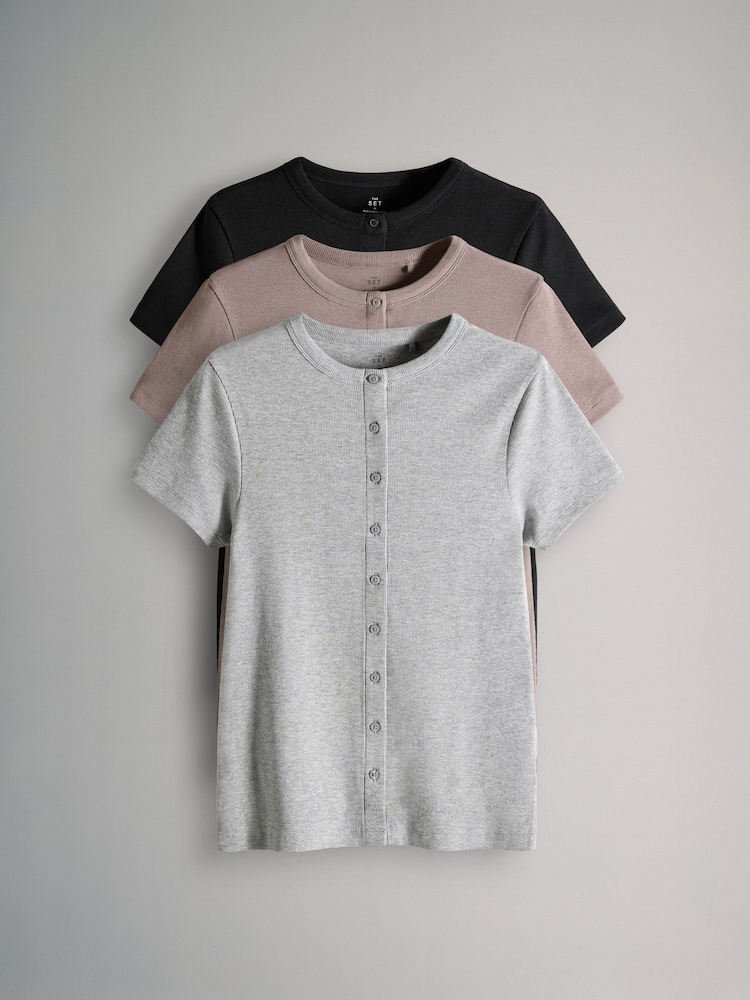 The Set 3 Pack Button Through Short Sleeve Ribbed T-Shirts - Imagem 1 de 6