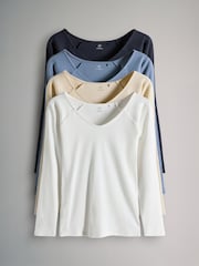 The Set Cream/Navy/Blue/Stone Off Shoulder V-Neck Ribbed Long Sleeve Top - Image 1 of 7