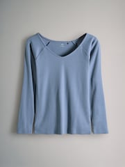 The Set Cream/Navy/Blue/Stone Off Shoulder V-Neck Ribbed Long Sleeve Top - Image 2 of 7