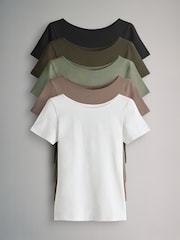 The Set Cream/Taupe Brown/Light Green/Khaki/Black 5 Pack Scoop Back Fittted Short Sleeve T-Shirts - Image 1 of 8