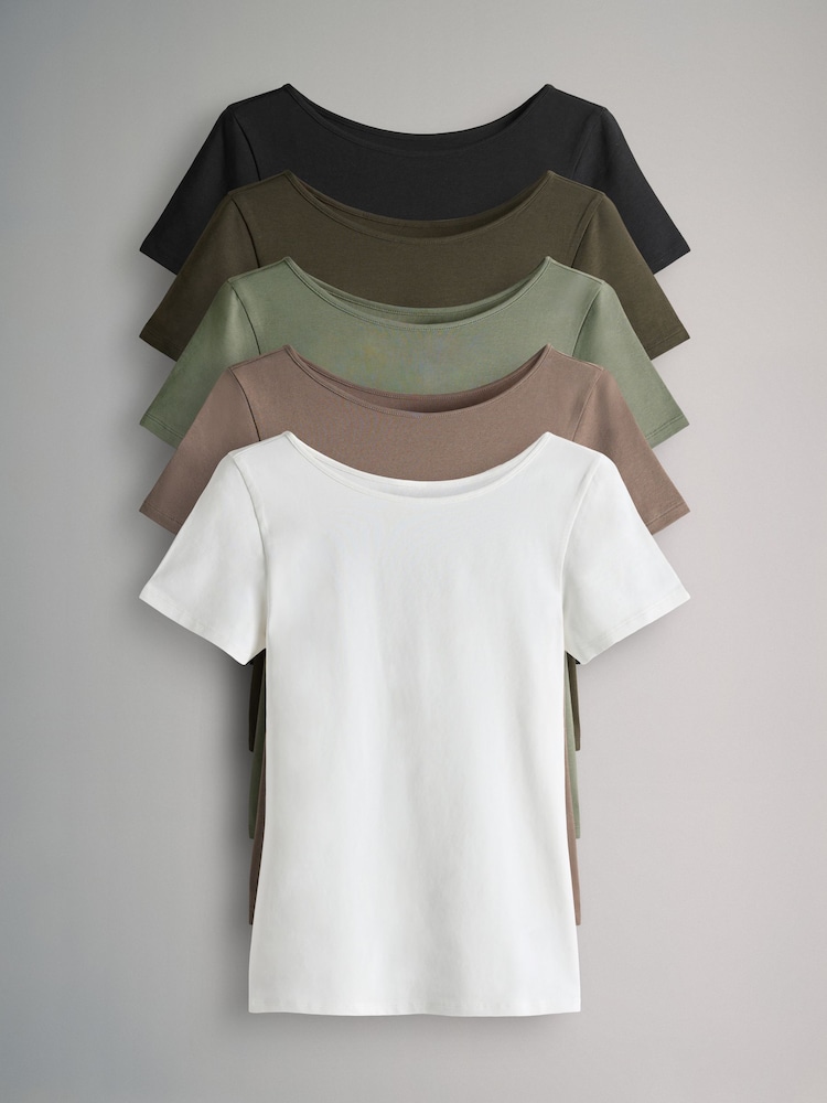 The Set Cream/Taupe Brown/Light Green/Khaki/Black 5 Pack Scoop Back Fittted Short Sleeve T-Shirts - Image 1 of 8