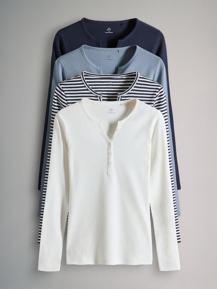 The Set Navy/Blue/Stripe/White 4 Pack Ribbed Henley Long Sleeve T-Shirts - Image 1 of 7