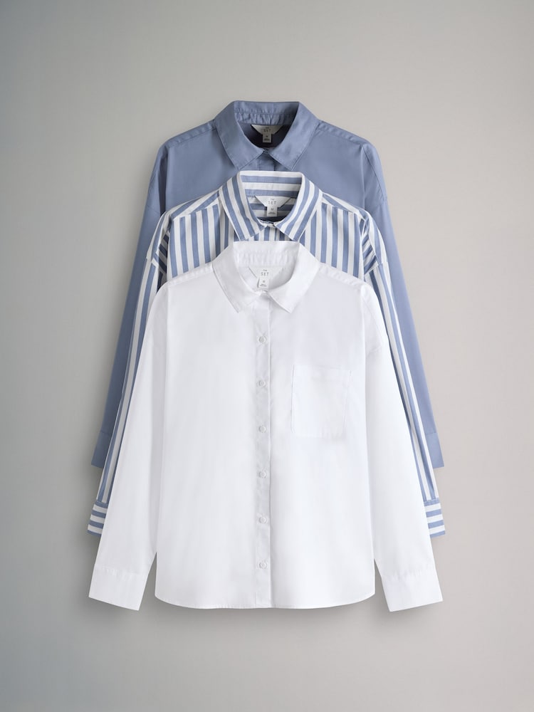 The Set White/Blue/Blue Stripe 3 Pack Cotton Poplin Shirt - Image 1 of 6