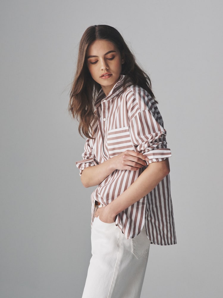 The Set White/Brown Stripe 2 Pack Cotton Poplin Button Through Shirts - Image 1 of 10