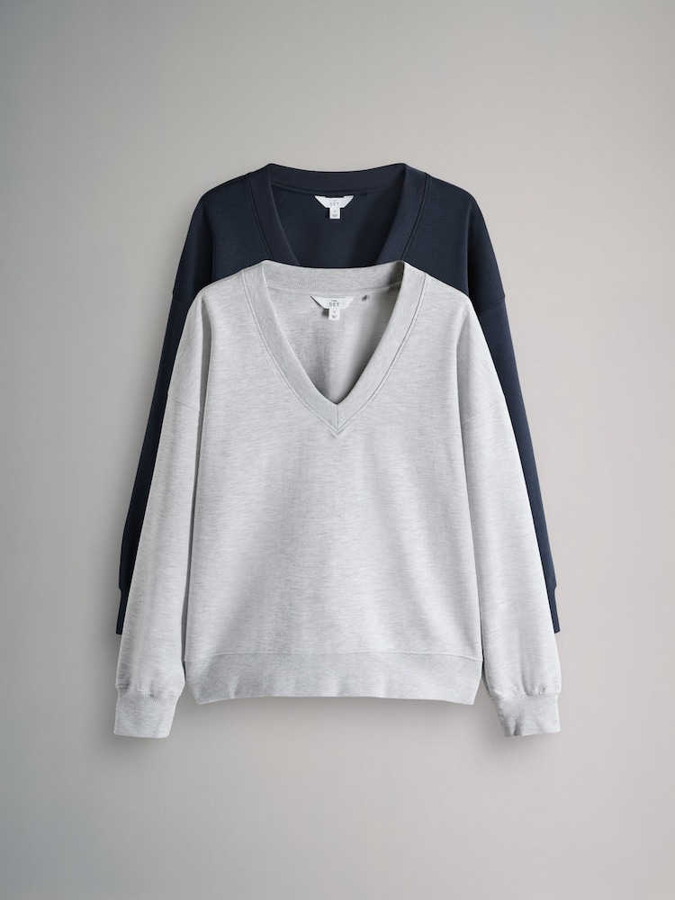Navy/Grey Marl Interlock V-Neck Sweatshirts 2 Pack - Image 1 of 5