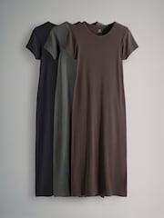 The Set Black/Chocolate/Charcoal 3 Pack Short Sleeve Ribbed Midi Dresses - Image 1 of 6