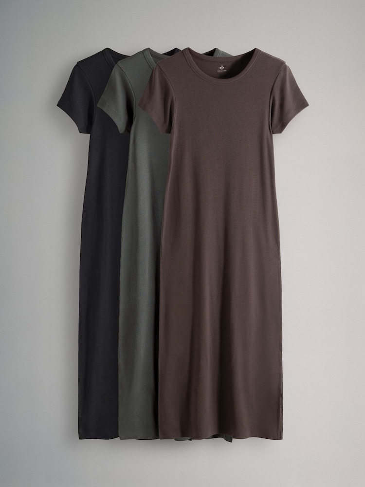 The Set Black/Chocolate/Charcoal 3 Pack Short Sleeve Ribbed Midi Dresses - Image 1 of 6