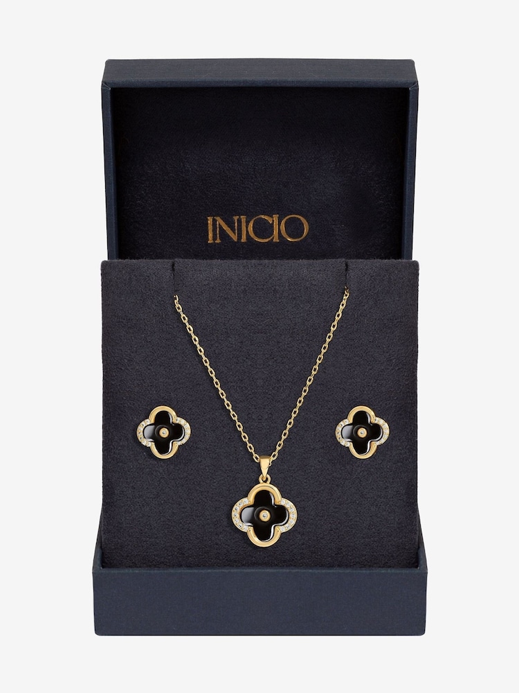 Inicio Gold Tone Jet Enamel Clover Set - Gift Boxed - Image 1 of 2 Inicio Gold Tone Jet Enamel Clover Set - Gift Boxed - Image 1 of 2