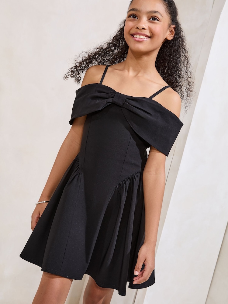 Lipsy Black Teen Bow Bardot Dress (5-16yrs) - Image 1 of 4