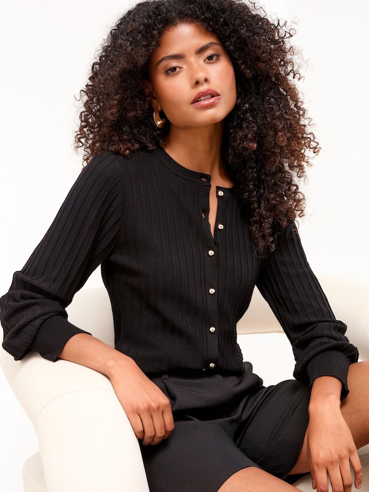 Lipsy Black Knitted Ribbed Crew Neck Buttoned Cardigan - Image 1 of 4