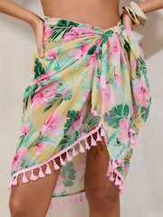 Yellow Floral Pom Trim Multi Way Sarong - Image 1 of 4