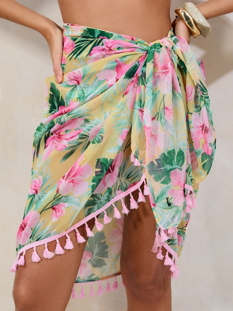 Yellow Floral Pom Trim Multi Way Sarong - Image 1 of 4