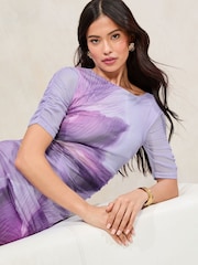 Lipsy Purple Floral Petite Mesh Ruched Detail Midi Dress - Image 2 of 5