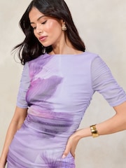 Lipsy Purple Floral Petite Mesh Ruched Detail Midi Dress - Image 4 of 5