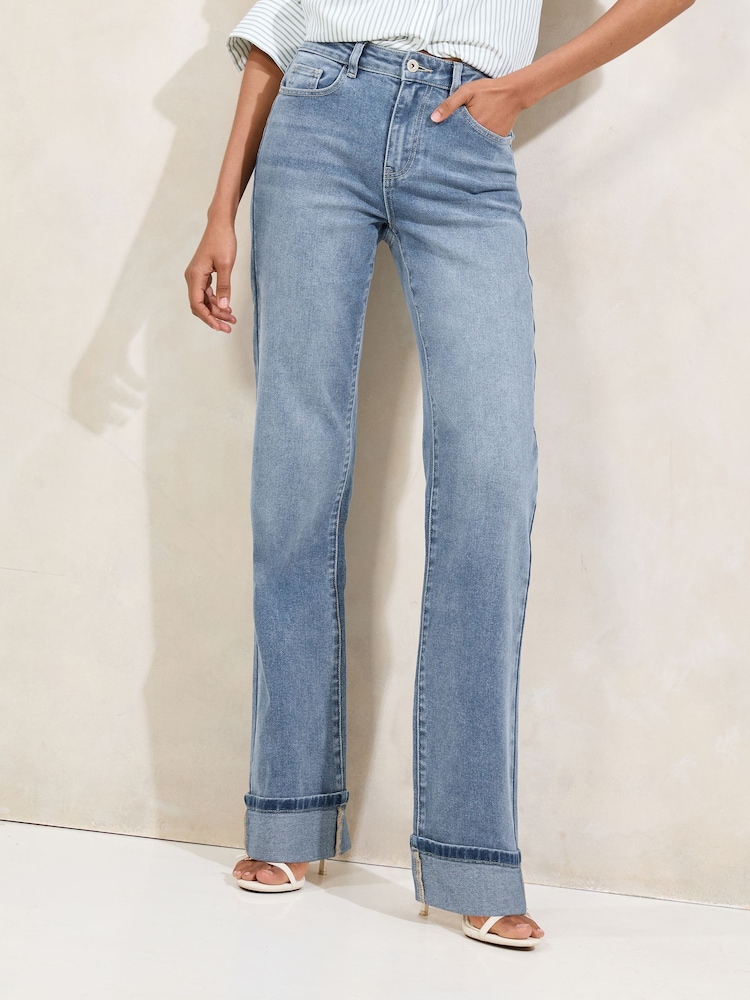 Lipsy Mid Wash Blue Turn Up Hem Wide Leg Jeans - Image 1 of 5