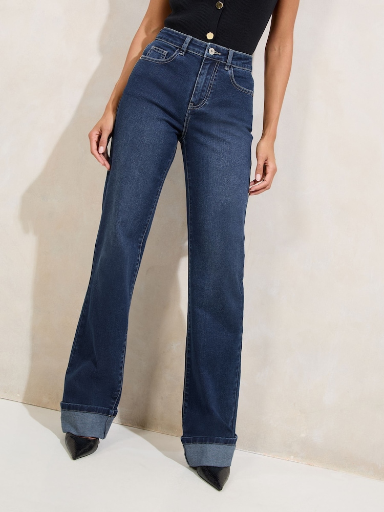 Dunkelblaue Waschung - Lipsy Turn Up Hem Wide Leg Jeans - Bild 1 von 5