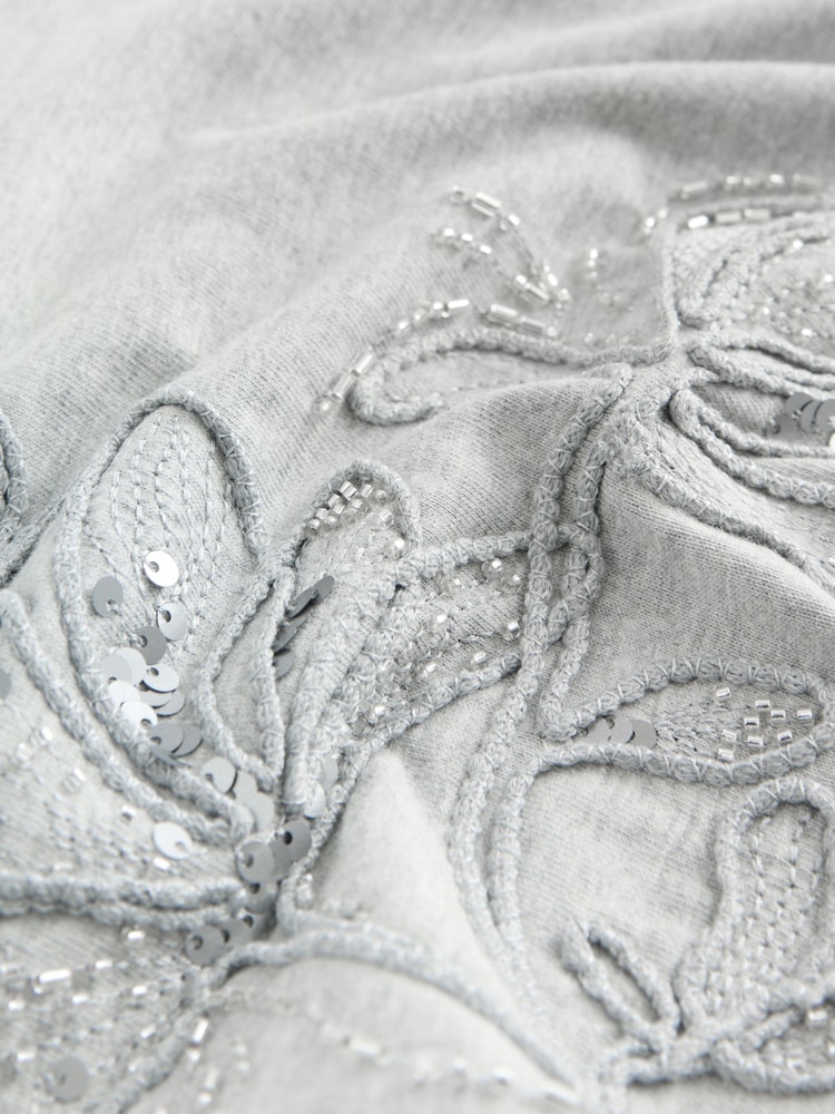 Grey Floral Print Embellished T-Shirt - Image 2 of 3