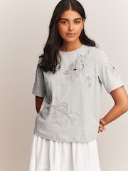 Grey Floral Print Embellished T-Shirt - Image 4 of 8