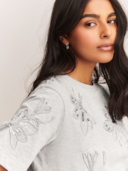 Grey Floral Print Embellished T-Shirt - Image 5 of 8