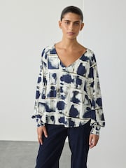 Navy Inky Check Long Sleeve V-Neck Jersery Blouse - Image 1 of 8