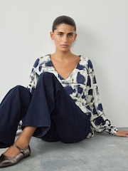Navy Inky Check Long Sleeve V-Neck Jersery Blouse - Image 2 of 8