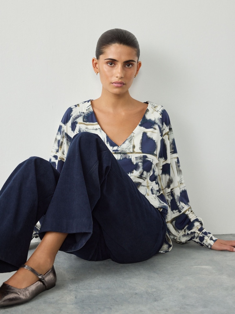 Navy Inky Check Long Sleeve V-Neck Jersery Blouse - Image 2 of 8