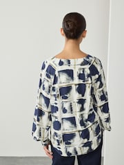 Navy Inky Check Long Sleeve V-Neck Jersery Blouse - Image 3 of 8