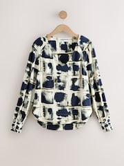 Navy Inky Check Long Sleeve V-Neck Jersery Blouse - Image 6 of 8