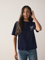 Navy Short Sleeve Embellished Bow T-Shirt - Image 1 of 9