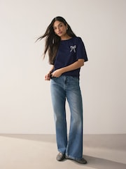 Navy Short Sleeve Embellished Bow T-Shirt - Image 2 of 9