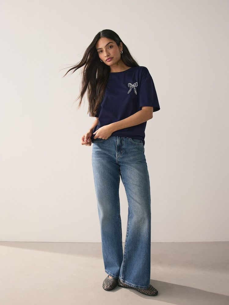 Navy Short Sleeve Embellished Bow T-Shirt - Image 2 of 9