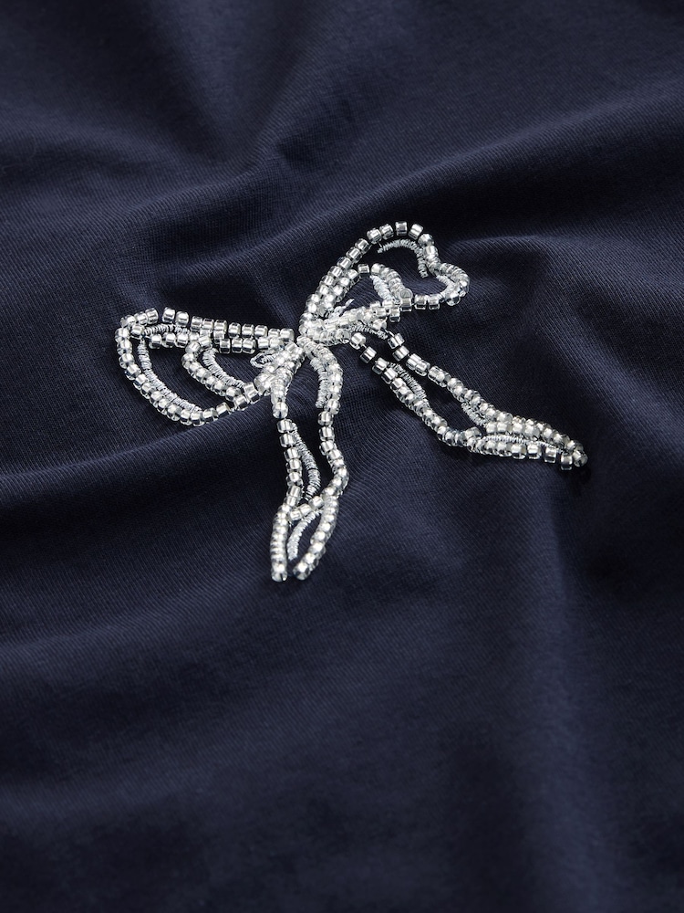 Navy Short Sleeve Embellished Bow T-Shirt - Image 9 of 9