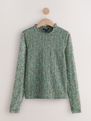 Sage Floral Print Long Sleeve Shirred Mesh Top - Image 1 of 3