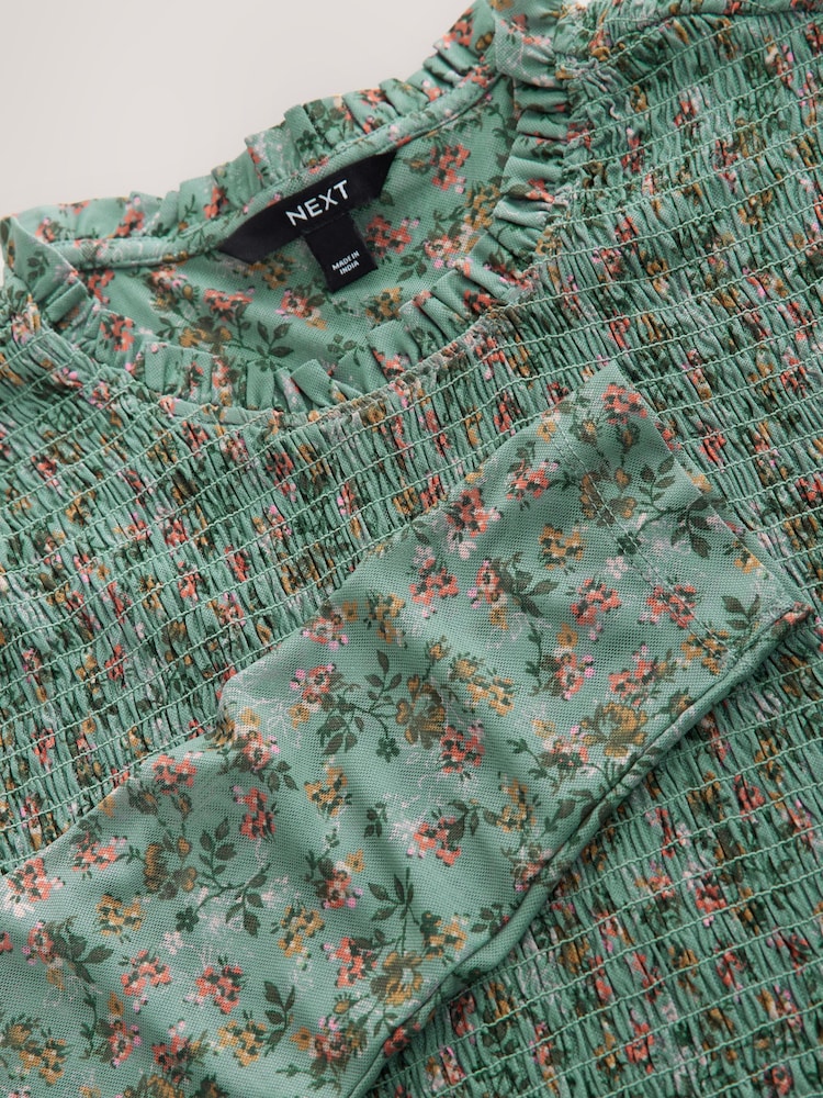 Sage Floral Print Long Sleeve Shirred Mesh Top - Image 2 of 3