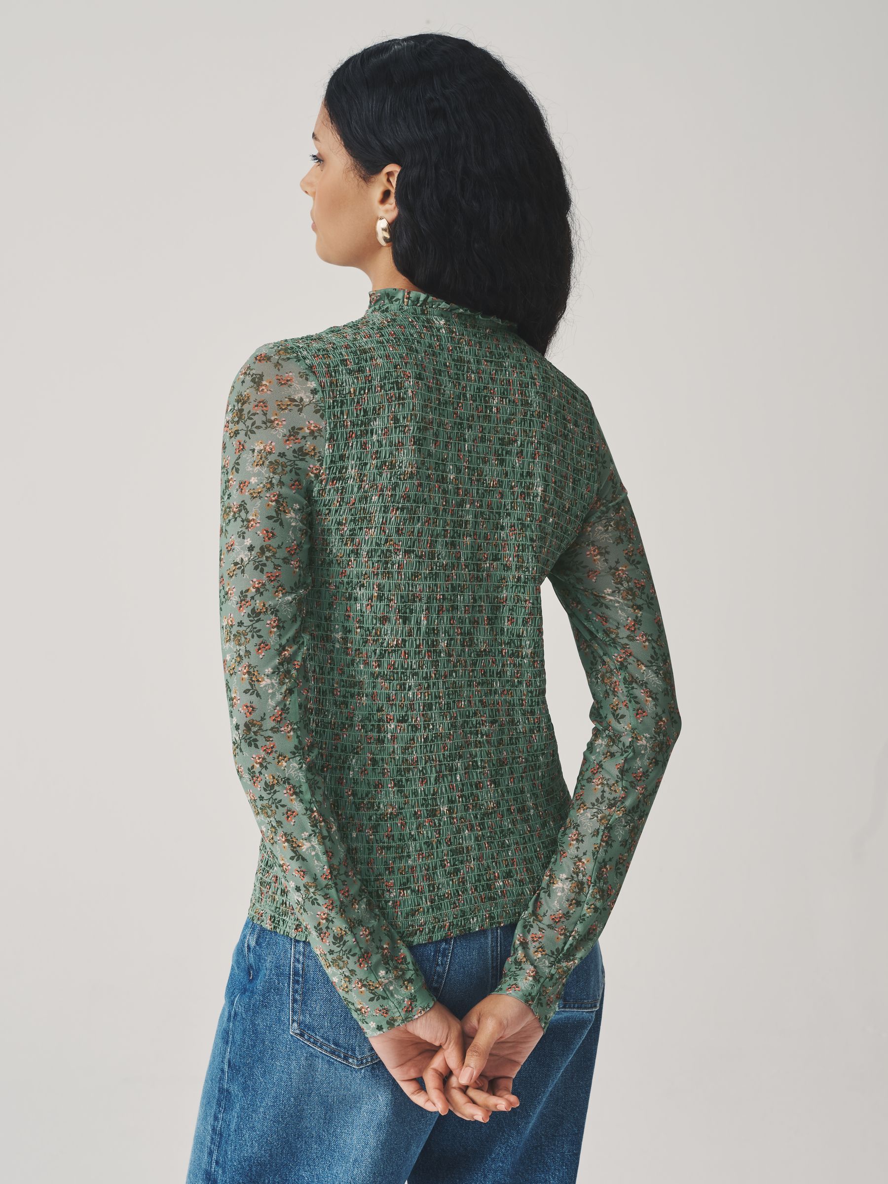Buy Sage Floral Print Long Sleeve Shirred Mesh Top from Next USA