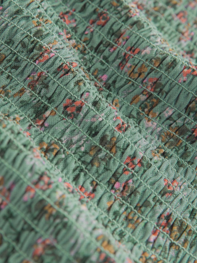 Sage Floral Print Long Sleeve Shirred Mesh Top - Image 3 of 3