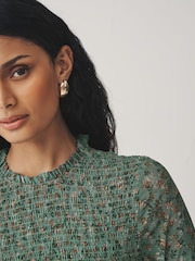 Sage Floral Print - Long Sleeve Shirred Mesh Top - Imagen 4 de 7