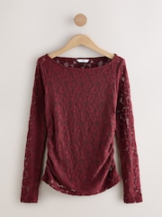 Cherry Red Long Sleeve Slash Neck Lace Top - Image 1 of 3