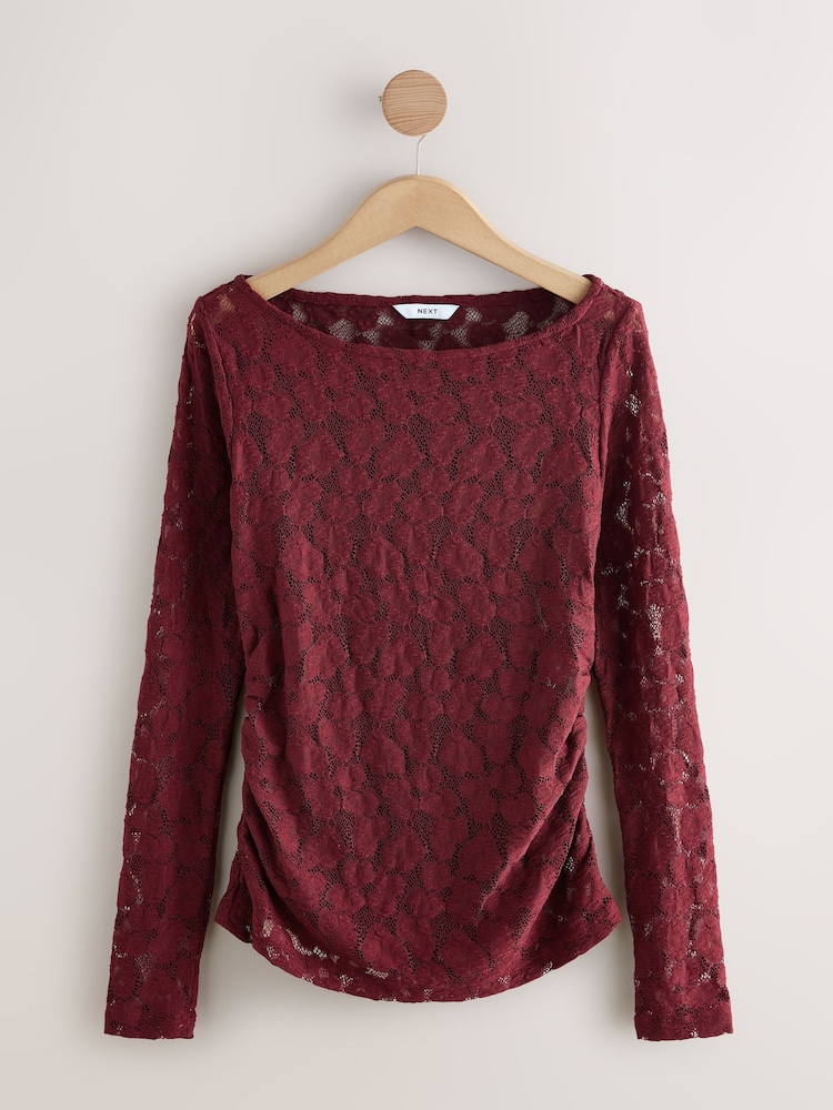 Cherry Red Long Sleeve Slash Neck Lace Top - Image 1 of 3