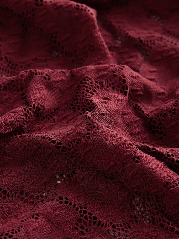 Cherry Red Long Sleeve Slash Neck Lace Top - Image 2 of 3