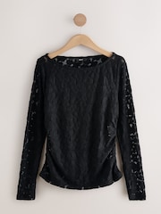 Black Long Sleeve Slash Neck Lace Top - Image 1 of 3