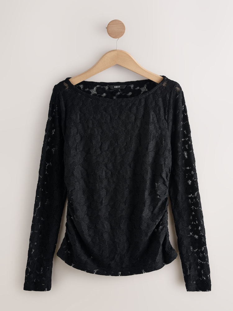 Black Long Sleeve Slash Neck Lace Top - Image 1 of 3