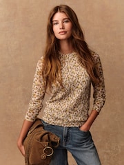 Ecru Floral Print Long Sleeve Shirred Mesh Top - Image 1 of 8