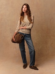 Ecru Floral Print Long Sleeve Shirred Mesh Top - Image 2 of 8