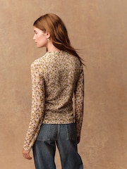 Ecru Floral Print Long Sleeve Shirred Mesh Top - Image 4 of 8