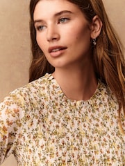 Ecru Floral Print Long Sleeve Shirred Mesh Top - Image 5 of 8